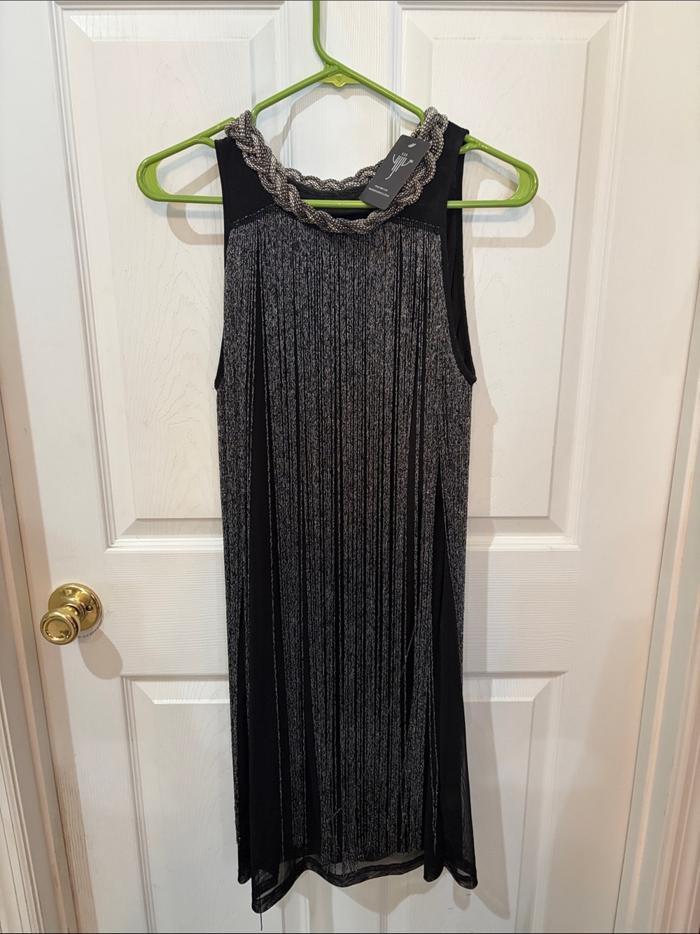 Sleeveless Silver Metallic Fringe Dress with Braided Neck